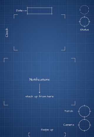 Navy Blueprint cover screen Lock Screen wallpaper: blueprint callouts around the date, clock, and widgets.