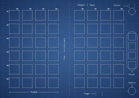 Navy Blueprint inner screen Home Screen wallpaper, opened wide: two blocks of app squares, one on each side of the fold, and the side rail.