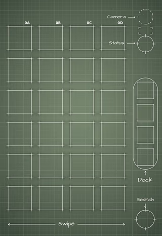 Sage cover screen Home Screen wallpaper: blueprint squares behind the app grid and side rail.
