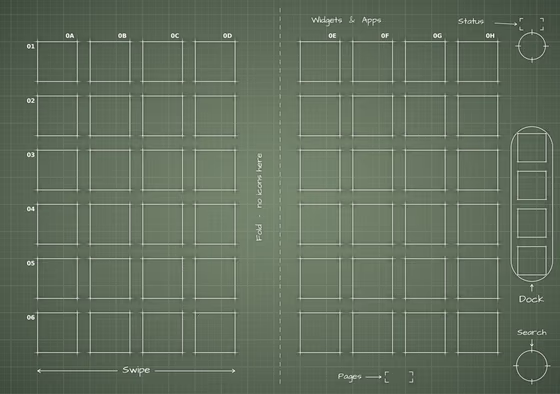 Sage inner screen Home Screen wallpaper, opened wide: two blocks of app squares, one on each side of the fold, and the side rail.