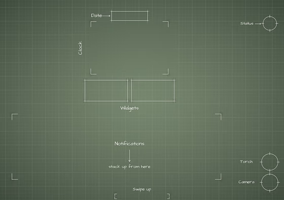 Sage inner screen Lock Screen wallpaper, opened wide: blueprint callouts around the clock and widgets.