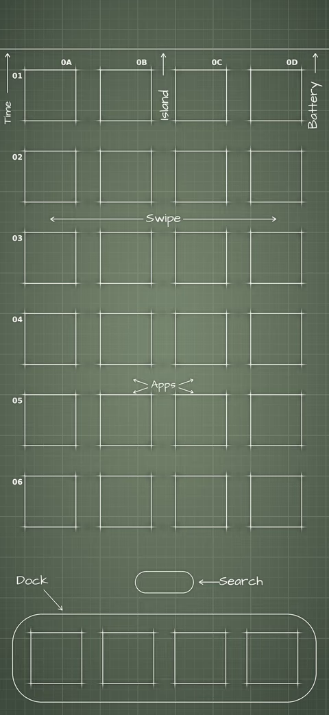 Sage Home Screen wallpaper: blueprint squares laid out behind the app grid and dock.
