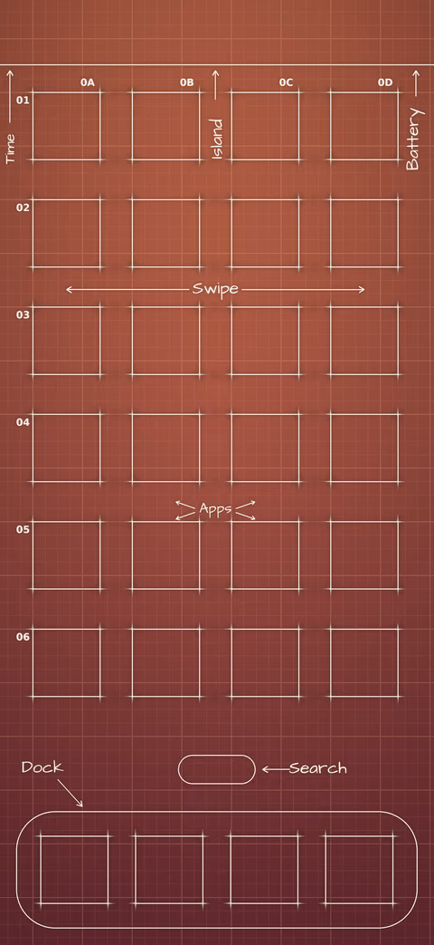 Terracotta Sunset Home Screen wallpaper: blueprint squares laid out behind the app grid and dock.